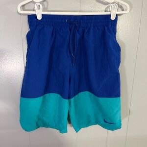 Nike Swim Trunks Mens Small Blue Teal Colorblock Drawstring Shorts